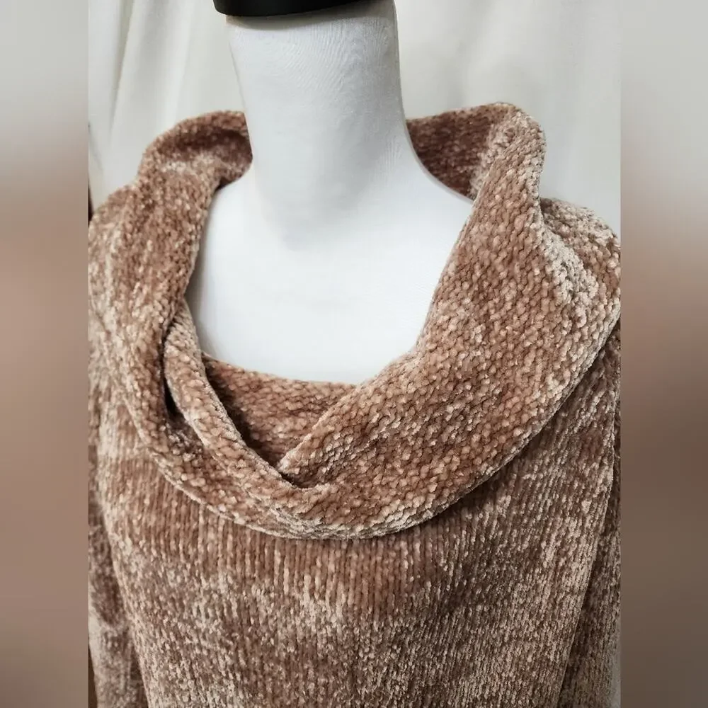 Listicle Cowl Neck Cozy Relax Fit Cottage Boho Cabin Sweater, Brown, Medium